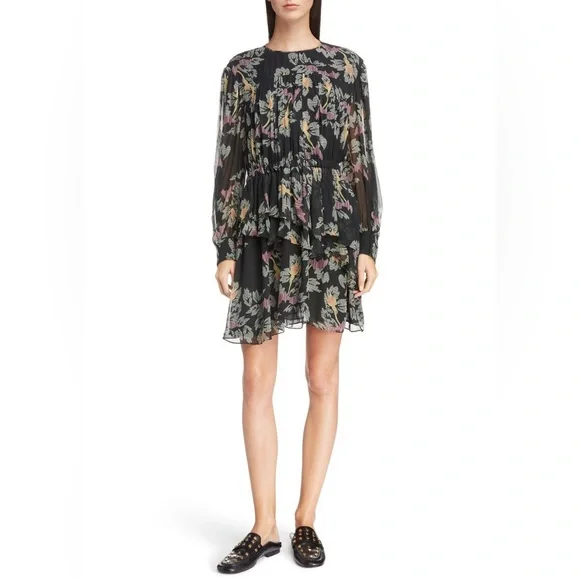 ISABEL MARANT ÉTOILE Java Printed Ruffled Mini Dress Black Floral Size 2 US - Picture 2 of 12